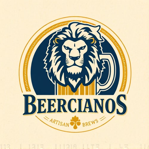 AI Design for Emblem for a sophisticated craft beer company named "Beercianos": A regal lion's head emerging from a stylized beer mug, symbolizing strength, quality, and the brewing tradition. Gold, deep navy blue, and cream, with accents of dark amber. Classic serif font for "Beercianos" and a smaller, more ornate script for a tagline like "Artisan Brews". Design with a vintage European heraldry influence, featuring intricate linework and subtle textures. Execute with a high level of detail in the lion's mane and the foam of the beer. Circular background with a distressed paper texture.