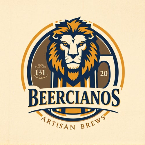 AI Design for Emblem for a sophisticated craft beer company named "Beercianos": A regal lion's head emerging from a stylized beer mug, symbolizing strength, quality, and the brewing tradition. Gold, deep navy blue, and cream, with accents of dark amber. Classic serif font for "Beercianos" and a smaller, more ornate script for a tagline like "Artisan Brews". Design with a vintage European heraldry influence, featuring intricate linework and subtle textures. Execute with a high level of detail in the lion's mane and the foam of the beer. Circular background with a distressed paper texture.Without the lion