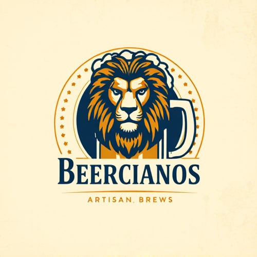 AI Design for Emblem for a sophisticated craft beer company named "Beercianos": A regal lion's head emerging from a stylized beer mug, symbolizing strength, quality, and the brewing tradition. Gold, deep navy blue, and cream, with accents of dark amber. Classic serif font for "Beercianos" and a smaller, more ornate script for a tagline like "Artisan Brews". Design with a vintage European heraldry influence, featuring intricate linework and subtle textures. Execute with a high level of detail in the lion's mane and the foam of the beer. Circular background with a distressed paper texture.Without the lion