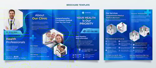 AI Design for Doctor Services Tri-Fold Brochure Content
Headline:
“Your Health, Our Priority”
Subheadline:
Comprehensive Medical Care You Can Trust
About Our Clinic / Practice
Welcome to [Your Clinic Name], where compassionate care meets modern medical excellence. Our mission is to provide personalized healthcare solutions that improve lives and promote wellness for individuals and families.
With state-of-the-art technology, experienced physicians, and a friendly support team, we ensure every patient receives the attention and care they deserve.

Our Vision:
To be a trusted healthcare partner for our community — promoting wellness, prevention, and healing.

Our Values:
Compassion • Trust • Excellence • Integrity
Our Services

Comprehensive Medical Services
We offer a full range of diagnostic, preventive, and treatment services designed to support your overall well-being.

General Health Care:

Routine Checkups & Physical Exams

Immunizations & Vaccinations

Chronic Disease Management (Diabetes, Hypertension, etc.)

Specialized Treatments:

Cardiology & Heart Care

Pediatrics & Family Medicine

Women’s Health & Maternity Care

Orthopedic & Joint Pain Management

Diagnostic & Laboratory:

Digital X-Ray, ECG, & Ultrasound

Blood & Urine Tests

Health Screening Packages

Emergency & Urgent Care:

24/7 Emergency Services

Minor Injuries & First Aid

Ambulance Support
Why Choose Us

Why Patients Trust Us

👩‍⚕️ Expert, Board-Certified Doctors

🏥 Modern Equipment & Facilities

💬 Personalized Consultation

⏱️ Quick & Convenient Appointments

❤️ Friendly and Caring Staff

Your Health Journey Starts Here!
We’re dedicated to guiding you toward a healthier, happier life — one step at a time
Health Tips / Preventive Care

Stay Healthy, Stay Informed!

Eat a balanced diet and stay hydrated

Get regular exercise and quality sleep

Schedule yearly health checkups

Don’t ignore early warning signs

Manage stress and mental wellness

💡 Prevention is better than cure — take charge of your health today!
Contact & Booking

Visit Us Today!
📍 Address: [Your Clinic Address]
📞 Phone: [Contact Number]
📧 Email: [Email Address]
🌐 Website: [Website URL]
🕓 Working Hours: [Days & Time]

Book Your Appointment Now!
Call or visit us online to schedule your visit with one of our experienced doctors.

Follow Us:
🔹 Facebook | 🔹 Instagram | 🔹 LinkedIn | 🔹 YouTube