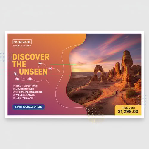 AI Design for A travel advertising banner with a blue and green gradient in the background. On the left is the phrase "Explore the World" in bold, white, and yellow typography. Below, there are selection options with the text "1 Service" to "6 Services" in yellow and white typography. On the bottom left is a "Book Now" button. On the top left, there is a space for a logo with the text "Your Logo". On the top right, a curved shape has been cut out, revealing a photographic image of Venice. The scene features a canal lined with colorful buildings. Gondolas are seen floating on the water. The warm light of the buildings contrasts with the cool, dark sky. The price is displayed below the image with the text "Starting at $799.00". The style seems to be a digital graphic design, with the image of Venice providing visual interest. Design something good and unique like this.