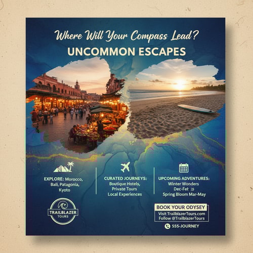 AI Design for You design me a creative social media traveling poster Design . Design my social media poster with beautiful headlines. I will give these designs to the client. So the designs have to be unique.