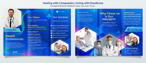 AI Design for Doctor Services Tri-Fold Brochure Content
Headline:
Healing with Compassion, Caring with Excellence
Sub headline :
Comprehensive Medical Care You Can Trust
About Our Clinic / Practice
Welcome to [Your Clinic Name], where compassionate care meets modern medical excellence. Our mission is to provide personalized healthcare solutions that improve lives and promote wellness for individuals and families.
With state-of-the-art technology, experienced physicians, and a friendly support team, we ensure every patient receives the attention and care they deserve.

Our Vision:
To be a trusted healthcare partner for our community — promoting wellness, prevention, and healing.

Our Values:
Compassion • Trust • Excellence • Integrity
Our Services

Comprehensive Medical Services
We offer a full range of diagnostic, preventive, and treatment services designed to support your overall well-being.

General Health Care:

Routine Checkups & Physical Exams

Immunizations & Vaccinations

Chronic Disease Management (Diabetes, Hypertension, etc.)

Specialized Treatments:

Cardiology & Heart Care

Pediatrics & Family Medicine

Women’s Health & Maternity Care

Orthopedic & Joint Pain Management

Diagnostic & Laboratory:

Digital X-Ray, ECG, & Ultrasound

Blood & Urine Tests

Health Screening Packages

Emergency & Urgent Care:

24/7 Emergency Services

Minor Injuries & First Aid

Ambulance Support
Why Choose Us

Why Patients Trust Us

👩‍⚕️ Expert, Board-Certified Doctors

🏥 Modern Equipment & Facilities

💬 Personalized Consultation

⏱️ Quick & Convenient Appointments

❤️ Friendly and Caring Staff

Your Health Journey Starts Here!
We’re dedicated to guiding you toward a healthier, happier life — one step at a time
Health Tips / Preventive Care

Stay Healthy, Stay Informed!

Eat a balanced diet and stay hydrated

Get regular exercise and quality sleep

Schedule yearly health checkups

Don’t ignore early warning signs

Manage stress and mental wellness

💡 Prevention is better than cure — take charge of your health today!
Contact & Booking

Visit Us Today!
📍 Address: [Your Clinic Address]
📞 Phone: [Contact Number]
📧 Email: [Email Address]
🌐 Website: [Website URL]
🕓 Working Hours: [Days & Time]

Book Your Appointment Now!
Call or visit us online to schedule your visit with one of our experienced doctors.

Follow Us:
🔹 Facebook | 🔹 Instagram | 🔹 LinkedIn | 🔹 YouTube