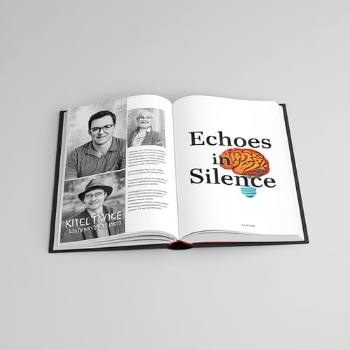 AI Design for Generate Book cover design new quality .A book is open, lying at an angle on a light grey background. The book is titled "Echoes in Silence" in a stylized font. The cover on the right features a stylized brain rendered in reds, oranges, and yellows, encased within the shape of a lightbulb with a blue outline. The pages appear white, while the covers are black. The spine of the book, visible between the open covers, also displays the title. The left side's cover design includes a grayscale portrait and a barcode. The title is distressed. The perspective is a slight top-down angle, capturing the open book in its entirety. The lighting suggests a studio setup, with the illumination coming from an unseen source, creating subtle shadows. The overall atmosphere is modern and conceptual.