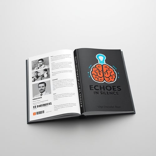 AI Design for Generate Book cover design new quality .A book is open, lying at an angle on a light grey background. The book is titled "Echoes in Silence" in a stylized font. The cover on the right features a stylized brain rendered in reds, oranges, and yellows, encased within the shape of a lightbulb with a blue outline. The pages appear white, while the covers are black. The spine of the book, visible between the open covers, also displays the title. The left side's cover design includes a grayscale portrait and a barcode. The title is distressed. The perspective is a slight top-down angle, capturing the open book in its entirety. The lighting suggests a studio setup, with the illumination coming from an unseen source, creating subtle shadows. The overall atmosphere is modern and conceptual.