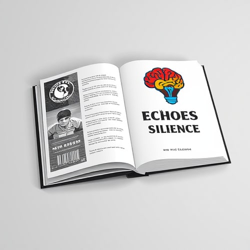 AI Design for Generate Book cover design new quality .A book is open, lying at an angle on a light grey background. The book is titled "Echoes in Silence" in a stylized font. The cover on the right features a stylized brain rendered in reds, oranges, and yellows, encased within the shape of a lightbulb with a blue outline. The pages appear white, while the covers are black. The spine of the book, visible between the open covers, also displays the title. The left side's cover design includes a grayscale portrait and a barcode. The title is distressed. The perspective is a slight top-down angle, capturing the open book in its entirety. The lighting suggests a studio setup, with the illumination coming from an unseen source, creating subtle shadows. The overall atmosphere is modern and conceptual.