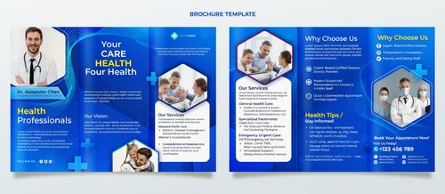 AI Design for Doctor Services Tri-Fold Brochure Content
Headline:
“Your Health, Our Priority”
Subheadline:
Comprehensive Medical Care You Can Trust
About Our Clinic / Practice
Welcome to [Your Clinic Name], where compassionate care meets modern medical excellence. Our mission is to provide personalized healthcare solutions that improve lives and promote wellness for individuals and families.
With state-of-the-art technology, experienced physicians, and a friendly support team, we ensure every patient receives the attention and care they deserve.

Our Vision:
To be a trusted healthcare partner for our community — promoting wellness, prevention, and healing.

Our Values:
Compassion • Trust • Excellence • Integrity
Our Services

Comprehensive Medical Services
We offer a full range of diagnostic, preventive, and treatment services designed to support your overall well-being.

General Health Care:

Routine Checkups & Physical Exams

Immunizations & Vaccinations

Chronic Disease Management (Diabetes, Hypertension, etc.)

Specialized Treatments:

Cardiology & Heart Care

Pediatrics & Family Medicine

Women’s Health & Maternity Care

Orthopedic & Joint Pain Management

Diagnostic & Laboratory:

Digital X-Ray, ECG, & Ultrasound

Blood & Urine Tests

Health Screening Packages

Emergency & Urgent Care:

24/7 Emergency Services

Minor Injuries & First Aid

Ambulance Support
Why Choose Us

Why Patients Trust Us

👩‍⚕️ Expert, Board-Certified Doctors

🏥 Modern Equipment & Facilities

💬 Personalized Consultation

⏱️ Quick & Convenient Appointments

❤️ Friendly and Caring Staff

Your Health Journey Starts Here!
We’re dedicated to guiding you toward a healthier, happier life — one step at a time
Health Tips / Preventive Care

Stay Healthy, Stay Informed!

Eat a balanced diet and stay hydrated

Get regular exercise and quality sleep

Schedule yearly health checkups

Don’t ignore early warning signs

Manage stress and mental wellness

💡 Prevention is better than cure — take charge of your health today!
Contact & Booking

Visit Us Today!
📍 Address: [Your Clinic Address]
📞 Phone: [Contact Number]
📧 Email: [Email Address]
🌐 Website: [Website URL]
🕓 Working Hours: [Days & Time]

Book Your Appointment Now!
Call or visit us online to schedule your visit with one of our experienced doctors.

Follow Us:
🔹 Facebook | 🔹 Instagram | 🔹 LinkedIn | 🔹 YouTube