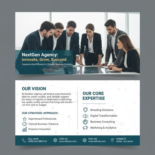 AI Design for Generate Headline for business Flyer design .Please give me a new and better design based on this design with detailed description.A dual-panel business flyer design, showcasing a professional business context. Each panel features a similar layout: A title "Experience the Difference" in a stylized font is positioned at the top, above a group of three business professionals, one standing and two seated at a conference table, illuminated by office lighting. In each panel, the background is a blurred image of an office interior with white walls and a large window providing daylight. Descriptive text sections are below the title, with sections labeled "Discover Our Mission," "Areas of Expertise," and "What Makes Us Different". Bullet-pointed lists detail the provided services and key points, utilizing icons alongside each item. The left panel has a turquoise gradient background, while the right panel has a green one, with the primary colors being white, blue, teal, and a bit of dark gray for the text and elements. The overall atmosphere conveys professionalism, expertise, and a focus on business solutions. The composition is clean, modern, and designed for promotional purposes.