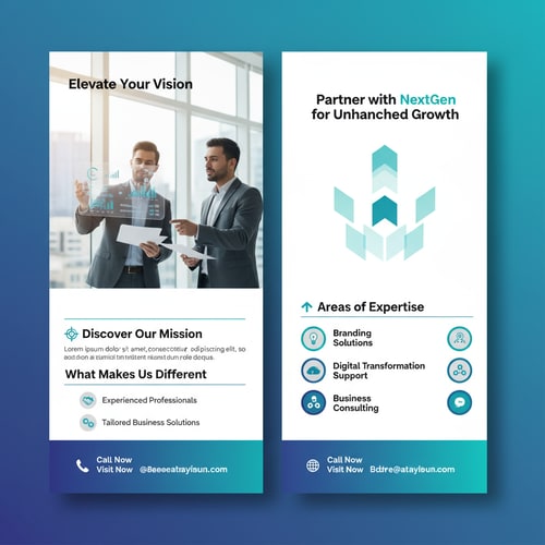 AI Design for Generate Headline for business Flyer design .Please give me a new and better design based on this design with detailed description.A dual-panel business flyer design, showcasing a professional business context. Each panel features a similar layout: A title "Experience the Difference" in a stylized font is positioned at the top, above a group of three business professionals, one standing and two seated at a conference table, illuminated by office lighting. In each panel, the background is a blurred image of an office interior with white walls and a large window providing daylight. Descriptive text sections are below the title, with sections labeled "Discover Our Mission," "Areas of Expertise," and "What Makes Us Different". Bullet-pointed lists detail the provided services and key points, utilizing icons alongside each item. The left panel has a turquoise gradient background, while the right panel has a green one, with the primary colors being white, blue, teal, and a bit of dark gray for the text and elements. The overall atmosphere conveys professionalism, expertise, and a focus on business solutions. The composition is clean, modern, and designed for promotional purposes.