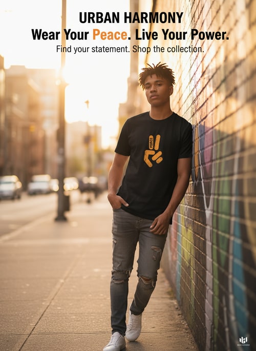 AI Design for Generate Headline for poster design .Please give me a new and better design based on this design with detailed description. .A black t-shirt is displayed against a neutral background, centered in the frame, held by a person's hand. The t-shirt has a round neck and short sleeves. Printed on the front is a peace sign graphic in orange, with the word "PEACE" vertically written through the upper finger of the sign. The hand, partially visible, is fair-skinned with a brown wristwatch, holding the t-shirt. The backdrop includes a stylized ceiling with recessed lighting and what appears to be a clothing store setting with racks of clothing visible in the background. The lighting appears to be soft and even, with the focus on the t-shirt. The composition is a studio shot, aiming to present and highlight the shirt.