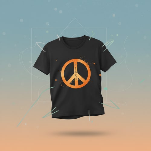 AI Design for Generate Headline for poster design .Please give me a new and better design based on this design with detailed description. .A black t-shirt is displayed against a neutral background, centered in the frame, held by a person's hand. The t-shirt has a round neck and short sleeves. Printed on the front is a peace sign graphic in orange, with the word "PEACE" vertically written through the upper finger of the sign. The hand, partially visible, is fair-skinned with a brown wristwatch, holding the t-shirt. The backdrop includes a stylized ceiling with recessed lighting and what appears to be a clothing store setting with racks of clothing visible in the background. The lighting appears to be soft and even, with the focus on the t-shirt. The composition is a studio shot, aiming to present and highlight the shirt.