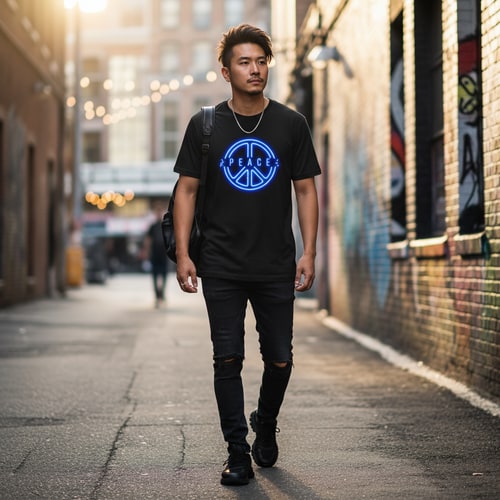 AI Design for Generate Headline for poster design .Please give me a new and better design based on this design with detailed description. .A black t-shirt is displayed against a neutral background, centered in the frame, held by a person's hand. The t-shirt has a round neck and short sleeves. Printed on the front is a peace sign graphic in orange, with the word "PEACE" vertically written through the upper finger of the sign. The hand, partially visible, is fair-skinned with a brown wristwatch, holding the t-shirt. The backdrop includes a stylized ceiling with recessed lighting and what appears to be a clothing store setting with racks of clothing visible in the background. The lighting appears to be soft and even, with the focus on the t-shirt. The composition is a studio shot, aiming to present and highlight the shirt.