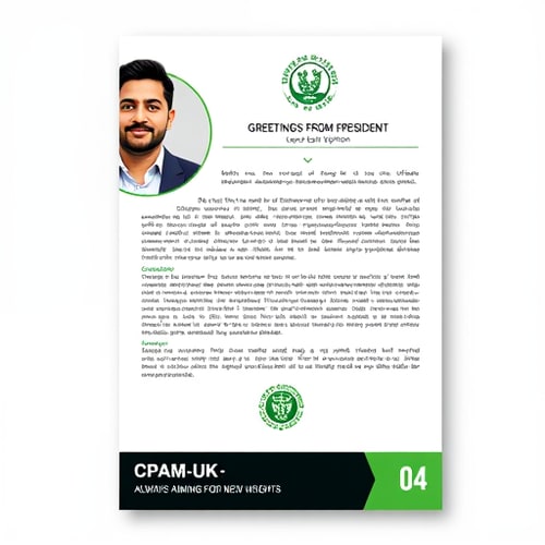 AI Design for The image is a flyer or promotional document featuring text and design elements. A circular portrait of a South Asian man in a dark suit jacket and white shirt is in the upper-left corner; he has dark hair, a short beard, and a warm smile. Above the descriptive text is a green and white logo and a title "GREETINGS FROM PRESIDENT." The document's text is on a white background with a thin black border. Below the text, there's a green and white cricket-themed emblem. The bottom of the design has a black and white section with text "CPAM-UK – ALWAYS AIMING FOR NEW HEIGHTS" and the number "04." The style is clean and modern, using a contrasting color scheme with the colors green, white, and black and a portrait. The overall atmosphere conveys professionalism and is likely for a cricket association.