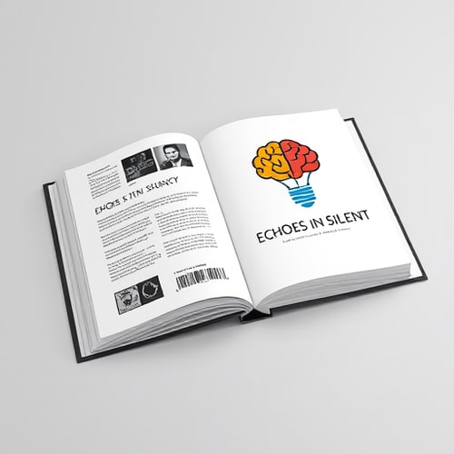 AI Design for Generate Book cover design new quality .A book is open, lying at an angle on a light grey background. The book is titled "Echoes in Silence" in a stylized font. The cover on the right features a stylized brain rendered in reds, oranges, and yellows, encased within the shape of a lightbulb with a blue outline. The pages appear white, while the covers are black. The spine of the book, visible between the open covers, also displays the title. The left side's cover design includes a grayscale portrait and a barcode. The title is distressed. The perspective is a slight top-down angle, capturing the open book in its entirety. The lighting suggests a studio setup, with the illumination coming from an unseen source, creating subtle shadows. The overall atmosphere is modern and conceptual.