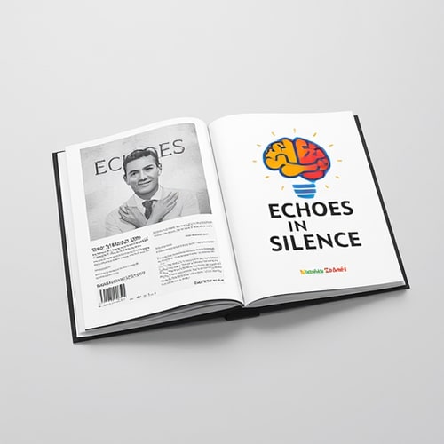 AI Design for Generate Book cover design new quality .A book is open, lying at an angle on a light grey background. The book is titled "Echoes in Silence" in a stylized font. The cover on the right features a stylized brain rendered in reds, oranges, and yellows, encased within the shape of a lightbulb with a blue outline. The pages appear white, while the covers are black. The spine of the book, visible between the open covers, also displays the title. The left side's cover design includes a grayscale portrait and a barcode. The title is distressed. The perspective is a slight top-down angle, capturing the open book in its entirety. The lighting suggests a studio setup, with the illumination coming from an unseen source, creating subtle shadows. The overall atmosphere is modern and conceptual.