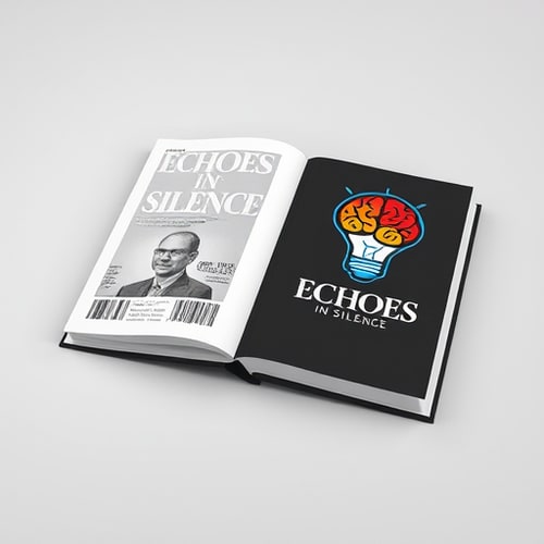 AI Design for Generate Book cover design new quality .A book is open, lying at an angle on a light grey background. The book is titled "Echoes in Silence" in a stylized font. The cover on the right features a stylized brain rendered in reds, oranges, and yellows, encased within the shape of a lightbulb with a blue outline. The pages appear white, while the covers are black. The spine of the book, visible between the open covers, also displays the title. The left side's cover design includes a grayscale portrait and a barcode. The title is distressed. The perspective is a slight top-down angle, capturing the open book in its entirety. The lighting suggests a studio setup, with the illumination coming from an unseen source, creating subtle shadows. The overall atmosphere is modern and conceptual.
