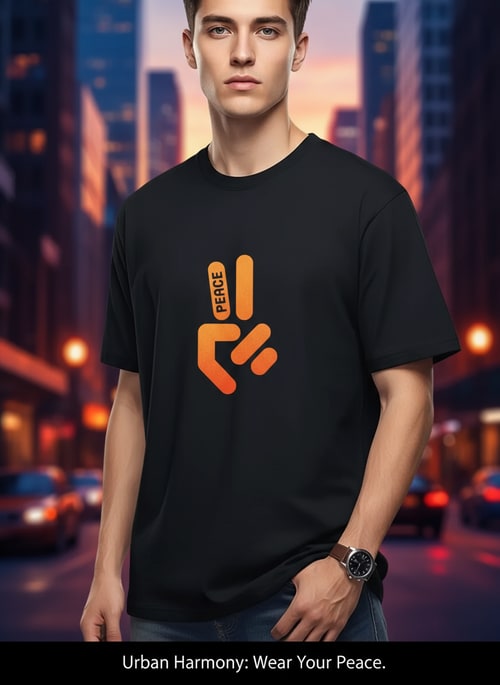 AI Design for Generate Headline for poster design .Please give me a new and better design based on this design with detailed description. .A black t-shirt is displayed against a neutral background, centered in the frame, held by a person's hand. The t-shirt has a round neck and short sleeves. Printed on the front is a peace sign graphic in orange, with the word "PEACE" vertically written through the upper finger of the sign. The hand, partially visible, is fair-skinned with a brown wristwatch, holding the t-shirt. The backdrop includes a stylized ceiling with recessed lighting and what appears to be a clothing store setting with racks of clothing visible in the background. The lighting appears to be soft and even, with the focus on the t-shirt. The composition is a studio shot, aiming to present and highlight the shirt.