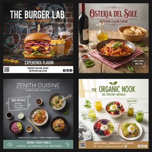 AI Design for You design me different types of restaurant posters. The posters must be unique. I will give these designs to the client.