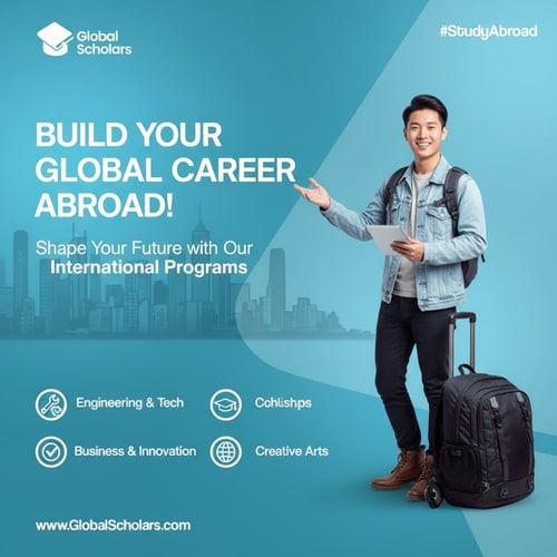 AI Design for On the right side of the frame is a young, fair-skinned woman, probably in her early twenties, with a cheerful face, smiling broadly. She is wearing a yellow hoodie, light-wash jeans, and white sneakers. Sunglasses are on her head. She is sitting on a small, orange suitcase and has a large gray and black backpack strapped to her back. She is holding an open passport or travel document. The background is a gradient of turquoise and blue. Large, bold white letters read "Discover your future abroad!" and more text describes study abroad programs. Three boxes below list the program's benefits. The image has a modern, clean design, with bright lighting. The overall atmosphere is energetic and optimistic, promoting international study programs. The perspective is slightly low-angled, giving the impression of upward momentum. New designs in this style make me.