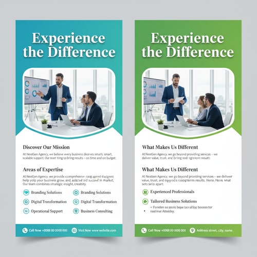 AI Design for Generate Headline for business Flyer design .Please give me a new and better design based on this design with detailed description.A dual-panel business flyer design, showcasing a professional business context. Each panel features a similar layout: A title "Experience the Difference" in a stylized font is positioned at the top, above a group of three business professionals, one standing and two seated at a conference table, illuminated by office lighting. In each panel, the background is a blurred image of an office interior with white walls and a large window providing daylight. Descriptive text sections are below the title, with sections labeled "Discover Our Mission," "Areas of Expertise," and "What Makes Us Different". Bullet-pointed lists detail the provided services and key points, utilizing icons alongside each item. The left panel has a turquoise gradient background, while the right panel has a green one, with the primary colors being white, blue, teal, and a bit of dark gray for the text and elements. The overall atmosphere conveys professionalism, expertise, and a focus on business solutions. The composition is clean, modern, and designed for promotional purposes.