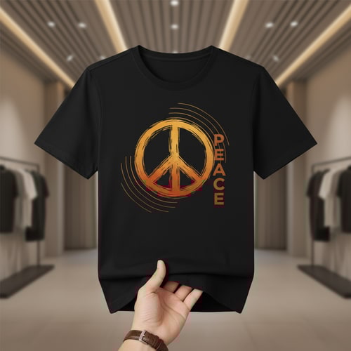 AI Design for Generate Headline for poster design .Please give me a new and better design based on this design with detailed description. .A black t-shirt is displayed against a neutral background, centered in the frame, held by a person's hand. The t-shirt has a round neck and short sleeves. Printed on the front is a peace sign graphic in orange, with the word "PEACE" vertically written through the upper finger of the sign. The hand, partially visible, is fair-skinned with a brown wristwatch, holding the t-shirt. The backdrop includes a stylized ceiling with recessed lighting and what appears to be a clothing store setting with racks of clothing visible in the background. The lighting appears to be soft and even, with the focus on the t-shirt. The composition is a studio shot, aiming to present and highlight the shirt.
