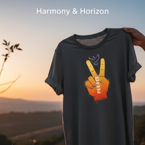AI Design for Generate Headline for poster design .Please give me a new and better design based on this design with detailed description. .A black t-shirt is displayed against a neutral background, centered in the frame, held by a person's hand. The t-shirt has a round neck and short sleeves. Printed on the front is a peace sign graphic in orange, with the word "PEACE" vertically written through the upper finger of the sign. The hand, partially visible, is fair-skinned with a brown wristwatch, holding the t-shirt. The backdrop includes a stylized ceiling with recessed lighting and what appears to be a clothing store setting with racks of clothing visible in the background. The lighting appears to be soft and even, with the focus on the t-shirt. The composition is a studio shot, aiming to present and highlight the shirt.