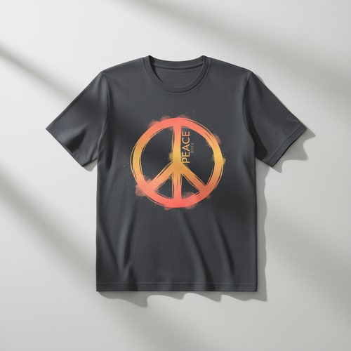 AI Design for Generate Headline for poster design .Please give me a new and better design based on this design with detailed description. .A black t-shirt is displayed against a neutral background, centered in the frame, held by a person's hand. The t-shirt has a round neck and short sleeves. Printed on the front is a peace sign graphic in orange, with the word "PEACE" vertically written through the upper finger of the sign. The hand, partially visible, is fair-skinned with a brown wristwatch, holding the t-shirt. The backdrop includes a stylized ceiling with recessed lighting and what appears to be a clothing store setting with racks of clothing visible in the background. The lighting appears to be soft and even, with the focus on the t-shirt. The composition is a studio shot, aiming to present and highlight the shirt.