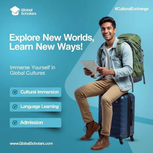 AI Design for On the right side of the frame is a young, fair-skinned woman, probably in her early twenties, with a cheerful face, smiling broadly. She is wearing a yellow hoodie, light-wash jeans, and white sneakers. Sunglasses are on her head. She is sitting on a small, orange suitcase and has a large gray and black backpack strapped to her back. She is holding an open passport or travel document. The background is a gradient of turquoise and blue. Large, bold white letters read "Discover your future abroad!" and more text describes study abroad programs. Three boxes below list the program's benefits. The image has a modern, clean design, with bright lighting. The overall atmosphere is energetic and optimistic, promoting international study programs. The perspective is slightly low-angled, giving the impression of upward momentum. New designs in this style make me.