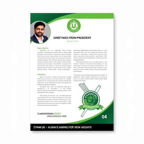 AI Design for The image is a flyer or promotional document featuring text and design elements. A circular portrait of a South Asian man in a dark suit jacket and white shirt is in the upper-left corner; he has dark hair, a short beard, and a warm smile. Above the descriptive text is a green and white logo and a title "GREETINGS FROM PRESIDENT." The document's text is on a white background with a thin black border. Below the text, there's a green and white cricket-themed emblem. The bottom of the design has a black and white section with text "CPAM-UK – ALWAYS AIMING FOR NEW HEIGHTS" and the number "04." The style is clean and modern, using a contrasting color scheme with the colors green, white, and black and a portrait. The overall atmosphere conveys professionalism and is likely for a cricket association.