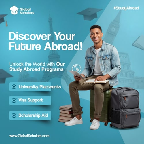 AI Design for On the right side of the frame is a young, fair-skinned woman, probably in her early twenties, with a cheerful face, smiling broadly. She is wearing a yellow hoodie, light-wash jeans, and white sneakers. Sunglasses are on her head. She is sitting on a small, orange suitcase and has a large gray and black backpack strapped to her back. She is holding an open passport or travel document. The background is a gradient of turquoise and blue. Large, bold white letters read "Discover your future abroad!" and more text describes study abroad programs. Three boxes below list the program's benefits. The image has a modern, clean design, with bright lighting. The overall atmosphere is energetic and optimistic, promoting international study programs. The perspective is slightly low-angled, giving the impression of upward momentum. New designs in this style make me.