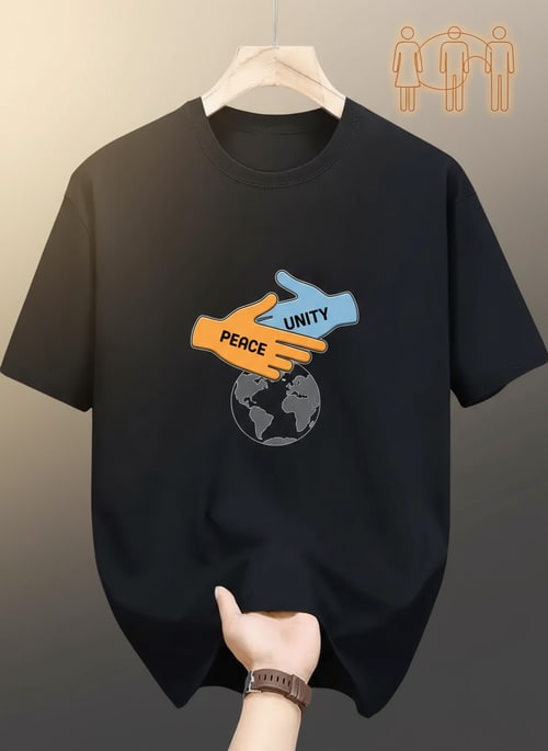 AI Design for Generate Headline for poster design .Please give me a new and better design based on this design with detailed description. .A black t-shirt is displayed against a neutral background, centered in the frame, held by a person's hand. The t-shirt has a round neck and short sleeves. Printed on the front is a peace sign graphic in orange, with the word "PEACE" vertically written through the upper finger of the sign. The hand, partially visible, is fair-skinned with a brown wristwatch, holding the t-shirt. The backdrop includes a stylized ceiling with recessed lighting and what appears to be a clothing store setting with racks of clothing visible in the background. The lighting appears to be soft and even, with the focus on the t-shirt. The composition is a studio shot, aiming to present and highlight the shirt.