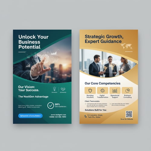 AI Design for Generate Headline for business Flyer design .Please give me a new and better design based on this design with detailed description.A dual-panel business flyer design, showcasing a professional business context. Each panel features a similar layout: A title "Experience the Difference" in a stylized font is positioned at the top, above a group of three business professionals, one standing and two seated at a conference table, illuminated by office lighting. In each panel, the background is a blurred image of an office interior with white walls and a large window providing daylight. Descriptive text sections are below the title, with sections labeled "Discover Our Mission," "Areas of Expertise," and "What Makes Us Different". Bullet-pointed lists detail the provided services and key points, utilizing icons alongside each item. The left panel has a turquoise gradient background, while the right panel has a green one, with the primary colors being white, blue, teal, and a bit of dark gray for the text and elements. The overall atmosphere conveys professionalism, expertise, and a focus on business solutions. The composition is clean, modern, and designed for promotional purposes.