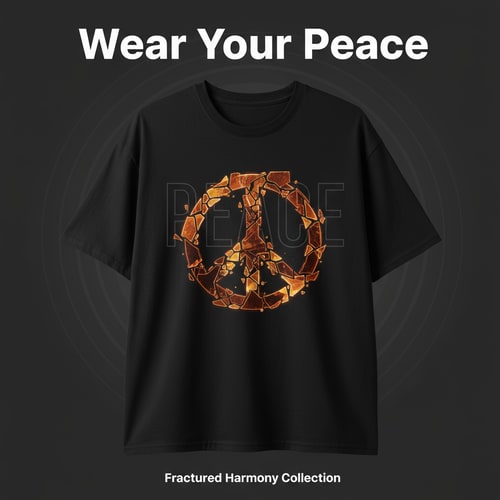 AI Design for Generate Headline for poster design .Please give me a new and better design based on this design with detailed description. .A black t-shirt is displayed against a neutral background, centered in the frame, held by a person's hand. The t-shirt has a round neck and short sleeves. Printed on the front is a peace sign graphic in orange, with the word "PEACE" vertically written through the upper finger of the sign. The hand, partially visible, is fair-skinned with a brown wristwatch, holding the t-shirt. The backdrop includes a stylized ceiling with recessed lighting and what appears to be a clothing store setting with racks of clothing visible in the background. The lighting appears to be soft and even, with the focus on the t-shirt. The composition is a studio shot, aiming to present and highlight the shirt.