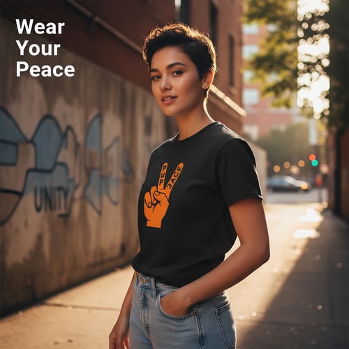 AI Design for Generate Headline for poster design .Please give me a new and better design based on this design with detailed description. .A black t-shirt is displayed against a neutral background, centered in the frame, held by a person's hand. The t-shirt has a round neck and short sleeves. Printed on the front is a peace sign graphic in orange, with the word "PEACE" vertically written through the upper finger of the sign. The hand, partially visible, is fair-skinned with a brown wristwatch, holding the t-shirt. The backdrop includes a stylized ceiling with recessed lighting and what appears to be a clothing store setting with racks of clothing visible in the background. The lighting appears to be soft and even, with the focus on the t-shirt. The composition is a studio shot, aiming to present and highlight the shirt.