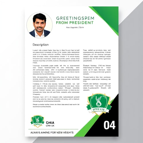 AI Design for The image is a flyer or promotional document featuring text and design elements. A circular portrait of a South Asian man in a dark suit jacket and white shirt is in the upper-left corner; he has dark hair, a short beard, and a warm smile. Above the descriptive text is a green and white logo and a title "GREETINGS FROM PRESIDENT." The document's text is on a white background with a thin black border. Below the text, there's a green and white cricket-themed emblem. The bottom of the design has a black and white section with text "CPAM-UK – ALWAYS AIMING FOR NEW HEIGHTS" and the number "04." The style is clean and modern, using a contrasting color scheme with the colors green, white, and black and a portrait. The overall atmosphere conveys professionalism and is likely for a cricket association.