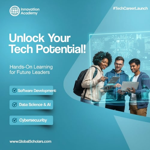 AI Design for On the right side of the frame is a young, fair-skinned woman, probably in her early twenties, with a cheerful face, smiling broadly. She is wearing a yellow hoodie, light-wash jeans, and white sneakers. Sunglasses are on her head. She is sitting on a small, orange suitcase and has a large gray and black backpack strapped to her back. She is holding an open passport or travel document. The background is a gradient of turquoise and blue. Large, bold white letters read "Discover your future abroad!" and more text describes study abroad programs. Three boxes below list the program's benefits. The image has a modern, clean design, with bright lighting. The overall atmosphere is energetic and optimistic, promoting international study programs. The perspective is slightly low-angled, giving the impression of upward momentum. New designs in this style make me.