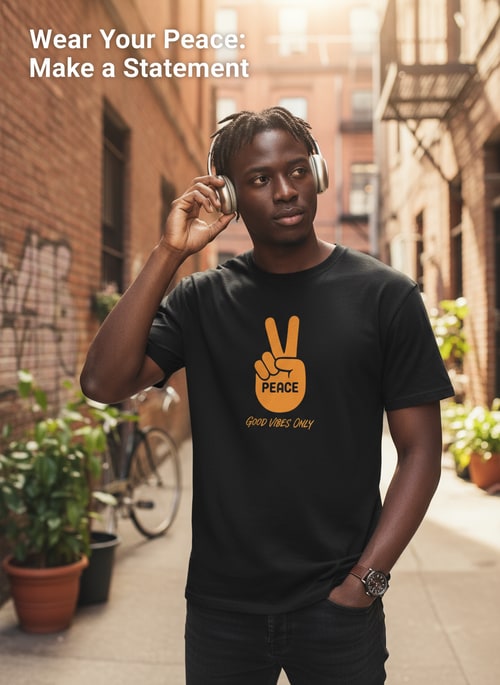 AI Design for Generate Headline for poster design .Please give me a new and better design based on this design with detailed description. .A black t-shirt is displayed against a neutral background, centered in the frame, held by a person's hand. The t-shirt has a round neck and short sleeves. Printed on the front is a peace sign graphic in orange, with the word "PEACE" vertically written through the upper finger of the sign. The hand, partially visible, is fair-skinned with a brown wristwatch, holding the t-shirt. The backdrop includes a stylized ceiling with recessed lighting and what appears to be a clothing store setting with racks of clothing visible in the background. The lighting appears to be soft and even, with the focus on the t-shirt. The composition is a studio shot, aiming to present and highlight the shirt.