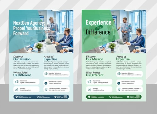 AI Design for Generate Headline for business Flyer design .Please give me a new and better design based on this design with detailed description.A dual-panel business flyer design, showcasing a professional business context. Each panel features a similar layout: A title "Experience the Difference" in a stylized font is positioned at the top, above a group of three business professionals, one standing and two seated at a conference table, illuminated by office lighting. In each panel, the background is a blurred image of an office interior with white walls and a large window providing daylight. Descriptive text sections are below the title, with sections labeled "Discover Our Mission," "Areas of Expertise," and "What Makes Us Different". Bullet-pointed lists detail the provided services and key points, utilizing icons alongside each item. The left panel has a turquoise gradient background, while the right panel has a green one, with the primary colors being white, blue, teal, and a bit of dark gray for the text and elements. The overall atmosphere conveys professionalism, expertise, and a focus on business solutions. The composition is clean, modern, and designed for promotional purposes.