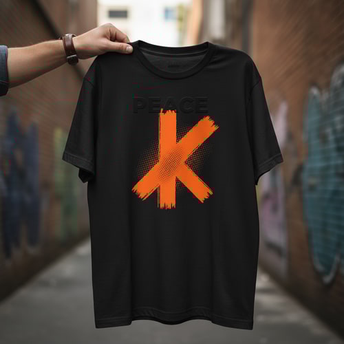 AI Design for Generate Headline for poster design .Please give me a new and better design based on this design with detailed description. .A black t-shirt is displayed against a neutral background, centered in the frame, held by a person's hand. The t-shirt has a round neck and short sleeves. Printed on the front is a peace sign graphic in orange, with the word "PEACE" vertically written through the upper finger of the sign. The hand, partially visible, is fair-skinned with a brown wristwatch, holding the t-shirt. The backdrop includes a stylized ceiling with recessed lighting and what appears to be a clothing store setting with racks of clothing visible in the background. The lighting appears to be soft and even, with the focus on the t-shirt. The composition is a studio shot, aiming to present and highlight the shirt.
