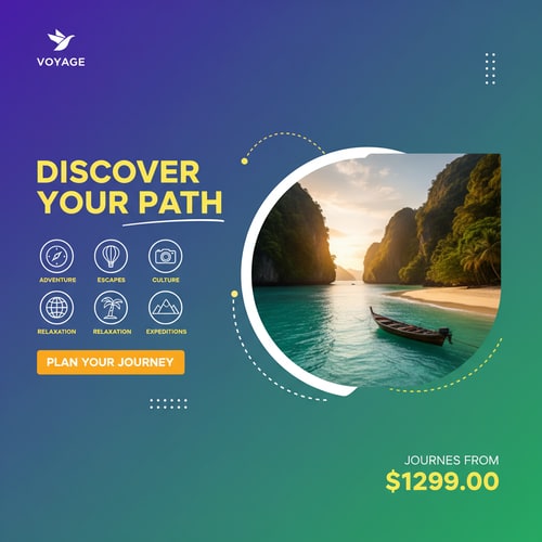 AI Design for A travel advertising banner with a blue and green gradient in the background. On the left is the phrase "Explore the World" in bold, white, and yellow typography. Below, there are selection options with the text "1 Service" to "6 Services" in yellow and white typography. On the bottom left is a "Book Now" button. On the top left, there is a space for a logo with the text "Your Logo". On the top right, a curved shape has been cut out, revealing a photographic image of Venice. The scene features a canal lined with colorful buildings. Gondolas are seen floating on the water. The warm light of the buildings contrasts with the cool, dark sky. The price is displayed below the image with the text "Starting at $799.00". The style seems to be a digital graphic design, with the image of Venice providing visual interest. Design something good and unique like this.