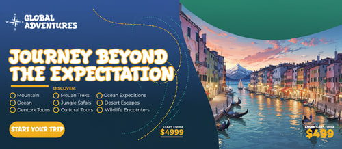 AI Design for A travel advertising banner with a blue and green gradient in the background. On the left is the phrase "Explore the World" in bold, white, and yellow typography. Below, there are selection options with the text "1 Service" to "6 Services" in yellow and white typography. On the bottom left is a "Book Now" button. On the top left, there is a space for a logo with the text "Your Logo". On the top right, a curved shape has been cut out, revealing a photographic image of Venice. The scene features a canal lined with colorful buildings. Gondolas are seen floating on the water. The warm light of the buildings contrasts with the cool, dark sky. The price is displayed below the image with the text "Starting at $799.00". The style seems to be a digital graphic design, with the image of Venice providing visual interest. Design something good and unique like this.