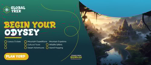AI Design for A travel advertising banner with a blue and green gradient in the background. On the left is the phrase "Explore the World" in bold, white, and yellow typography. Below, there are selection options with the text "1 Service" to "6 Services" in yellow and white typography. On the bottom left is a "Book Now" button. On the top left, there is a space for a logo with the text "Your Logo". On the top right, a curved shape has been cut out, revealing a photographic image of Venice. The scene features a canal lined with colorful buildings. Gondolas are seen floating on the water. The warm light of the buildings contrasts with the cool, dark sky. The price is displayed below the image with the text "Starting at $799.00". The style seems to be a digital graphic design, with the image of Venice providing visual interest. Design something good and unique like this.