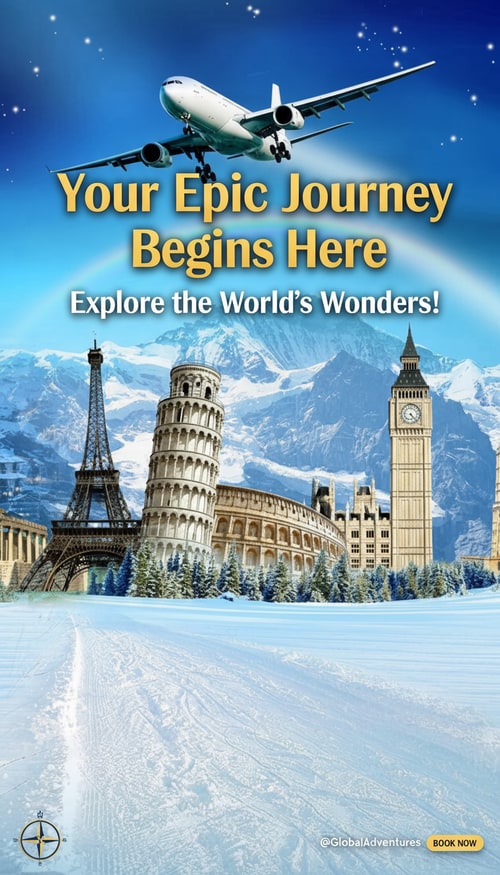 AI Design for You design me a creative social media traveling poster Design . Design my social media poster with beautiful headlines. I will give these designs to the client. So the designs have to be unique.