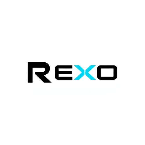 AI Design for Geometric Letterform Logo for a futuristic technology company named "REXO": A stylized, open geometric 'R' symbol with subtle integrated 'X' in negative space, paired with a custom geometric sans-serif wordmark. Black and white primary color palette with optional deep electric blue or soft cyan accent. Typography is clean, balanced, slightly spaced geometric sans-serif with a subtly distinct 'X'. Influence of high-end branding studios and modern engineering, emphasizing precision, intelligence, and reliability. Visual execution is flat, minimalist, sharp-edged geometric shapes, intentional negative space, no 3D effects or textures. Background is transparent.