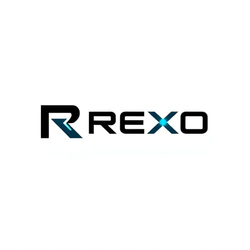 AI Design for Geometric Letterform Logo for a futuristic technology company named "REXO": A stylized, open geometric 'R' symbol with subtle integrated 'X' in negative space, paired with a custom geometric sans-serif wordmark. Black and white primary color palette with optional deep electric blue or soft cyan accent. Typography is clean, balanced, slightly spaced geometric sans-serif with a subtly distinct 'X'. Influence of high-end branding studios and modern engineering, emphasizing precision, intelligence, and reliability. Visual execution is flat, minimalist, sharp-edged geometric shapes, intentional negative space, no 3D effects or textures. Background is transparent.