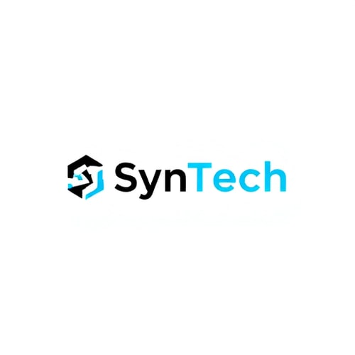 AI Design for Minimalist abstract geometric logo for a technology brand named "SynTech": A precise, symmetrical geometric icon representing synchronization and digital flow, rendered in black and white with optional electric blue accents. The typography will be a geometric futuristic font with pixel-perfect rendering and adjusted letter spacing, aligned with the symbol. Design inspired by futuristic, clean, and flat aesthetics, with sharp angles and deliberate negative space. Visual execution will prioritize technical accuracy, balance, and clarity at all sizes. Square canvas, 1024x1024 pixels, with symbol and wordmark occupying specific proportions, and strict margin requirements. Background type: Solid color or transparent.