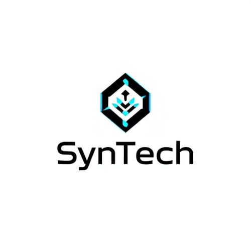 AI Design for Minimalist abstract geometric logo for a technology brand named "SynTech": A precise, symmetrical geometric icon representing synchronization and digital flow, rendered in black and white with optional electric blue accents. The typography will be a geometric futuristic font with pixel-perfect rendering and adjusted letter spacing, aligned with the symbol. Design inspired by futuristic, clean, and flat aesthetics, with sharp angles and deliberate negative space. Visual execution will prioritize technical accuracy, balance, and clarity at all sizes. Square canvas, 1024x1024 pixels, with symbol and wordmark occupying specific proportions, and strict margin requirements. Background type: Solid color or transparent.