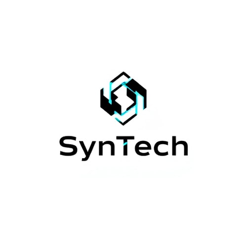 AI Design for Minimalist abstract geometric logo for a technology brand named "SynTech": A precise, symmetrical geometric icon representing synchronization and digital flow, rendered in black and white with optional electric blue accents. The typography will be a geometric futuristic font with pixel-perfect rendering and adjusted letter spacing, aligned with the symbol. Design inspired by futuristic, clean, and flat aesthetics, with sharp angles and deliberate negative space. Visual execution will prioritize technical accuracy, balance, and clarity at all sizes. Square canvas, 1024x1024 pixels, with symbol and wordmark occupying specific proportions, and strict margin requirements. Background type: Solid color or transparent.