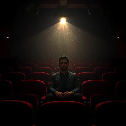AI Design for A moody interior shot of the man sitting in the center of a dimly lit vintage cinema, rows of red velvet seats stretching behind him into shadow. A single projector beam cuts through the haze of dust particles, illuminating his face in half-light, leaving the rest in darkness. His posture is calm yet commanding, evoking the feel of a haunting arthouse film still in graphic designer