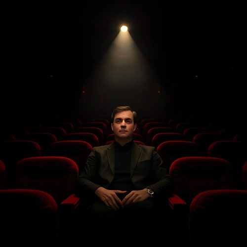 AI Design for A moody interior shot of the man sitting in the center of a dimly lit vintage cinema, rows of red velvet seats stretching behind him into shadow. A single projector beam cuts through the haze of dust particles, illuminating his face in half-light, leaving the rest in darkness. His posture is calm yet commanding, evoking the feel of a haunting arthouse film still in graphic designer